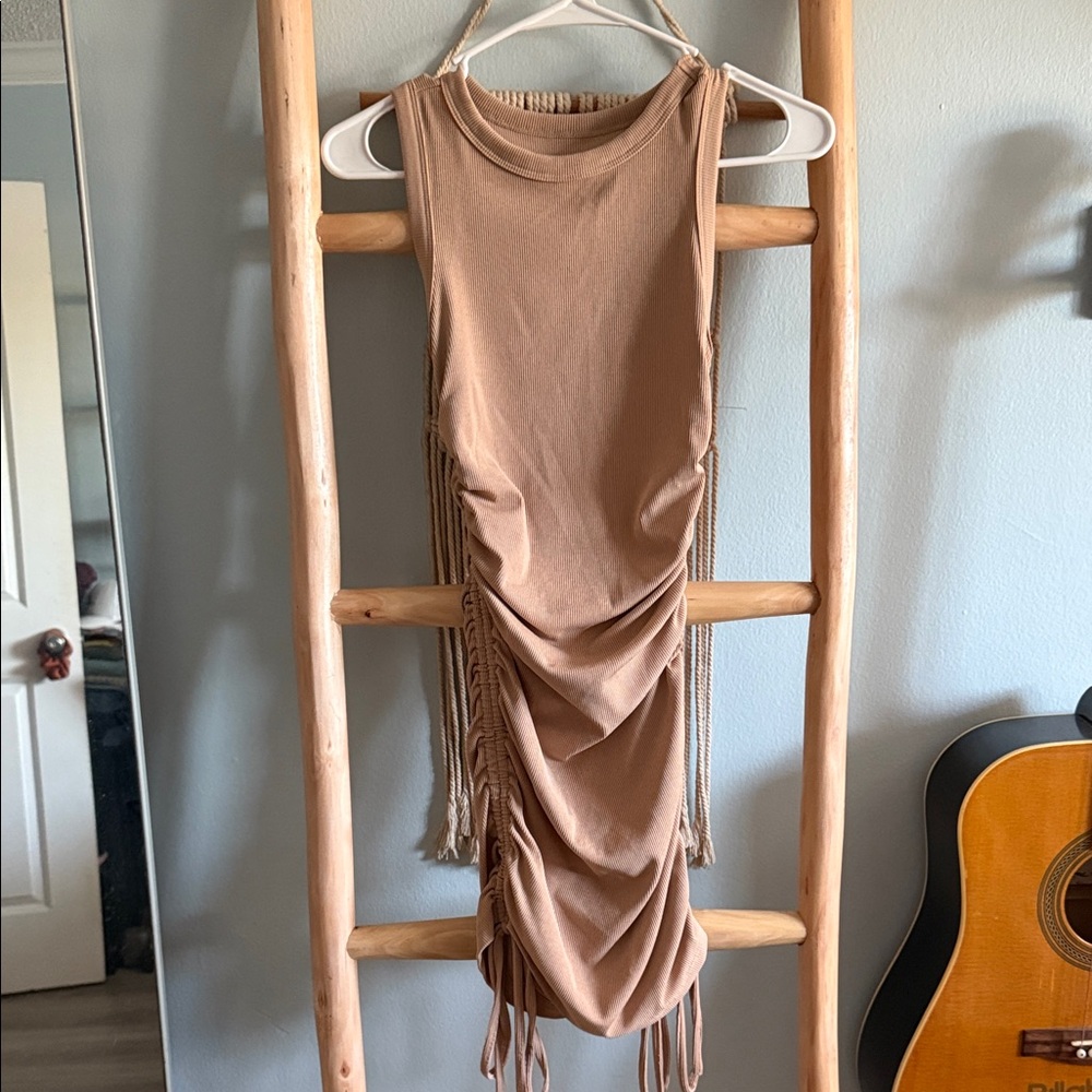 Tan Sleeveless Ruched Dress with Fringe